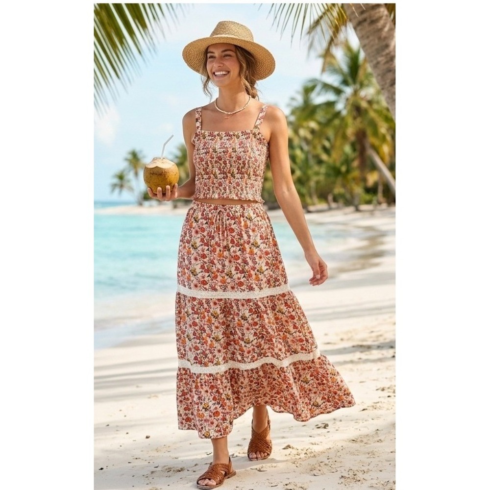 Tahari 2 Piece Set XL Pink Floral Smocked Crop Top Tiered Maxi Skirt Boho NWT!